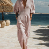 Collarless Striped Button-Front Midi