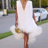 Deep V-Neck Feather-Trimmed Midi Dress