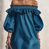 Off-Shoulder Ruffled Denim Mini