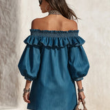Off-Shoulder Ruffled Denim Mini