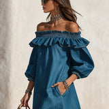 Off-Shoulder Ruffled Denim Mini