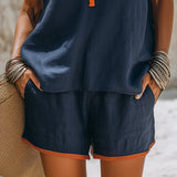 Contrast Trim Zip-Front Shorts Set