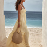 Lace Trim Tiered Linen Maxi Dress