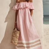 Off-Shoulder Ruffled Striped Maxi