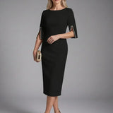 Split-Sleeve Fitted Midi Dress