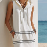 White Hooded Striped Maxi Dress