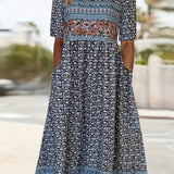 Boho Print Square Neck Tiered Midi Dress