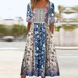 Boho Print Square Neck Tiered Midi Dress