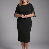 Split-Sleeve Fitted Midi Dress