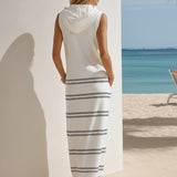 White Hooded Striped Maxi Dress