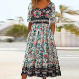 Boho Print Square Neck Tiered Midi Dress