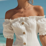 Off-Shoulder Ruffled Button-Front Mini