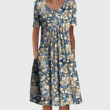 Round Neck Printed Pleated Dress
