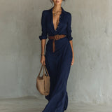 Lapel Collar Belted Maxi Dress