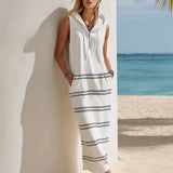 White Hooded Striped Maxi Dress