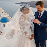 A-Line Court Train Floral Overlay Wedding Dress