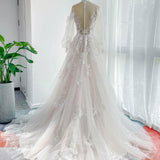 A-Line Court Train Floral Overlay Wedding Dress