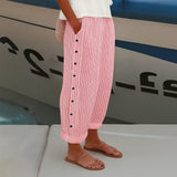Striped Side Button Straight Leg Trousers