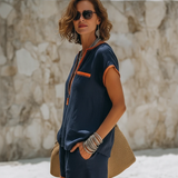 Contrast Trim Zip-Front Shorts Set