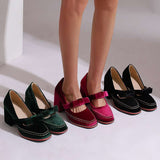 Velvet Bow Block Heel Loafers