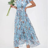 Printed Flutter-Sleeve Maxi Dress
