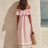 Off-Shoulder Ruffled Striped Maxi