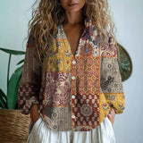 Nature Print Split V-Neck Blouse