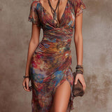 Abstract Print Ruched Midi Dress