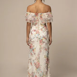 Floral Off Shoulder Bodycon Maxi Dress with Cascading Ruffle Trim