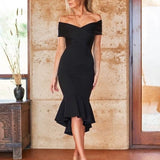 Off-The-Shoulder Ruffle Hem Midi Dress