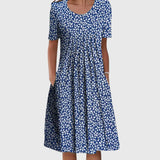 Round Neck Printed Pleated Dress