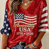 Half-Sleeve Anniversary Print V-Neck