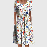 Round Neck Printed Pleated Dress