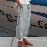 Striped Side Button Straight Leg Trousers