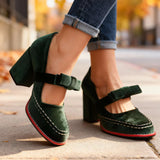 Velvet Bow Block Heel Loafers