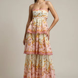 Sleeveless Floral Tiered Maxi Dress with Scalloped Bodice