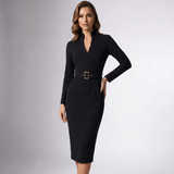 Mandarin Collar Belted Sheath Dress