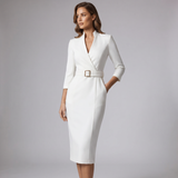 Mandarin Collar Belted Sheath Dress