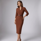 Mandarin Collar Belted Sheath Dress