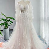 A-Line Court Train Floral Overlay Wedding Dress