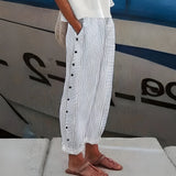 Striped Side Button Straight Leg Trousers