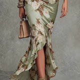 Floral Ruched Fishtail Maxi Dress