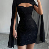Glitter Cutout Cape Mini Dress