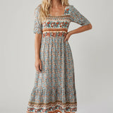 Boho Print Square Neck Tiered Midi Dress