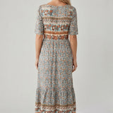 Boho Print Square Neck Tiered Midi Dress