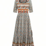 Boho Print Square Neck Tiered Midi Dress
