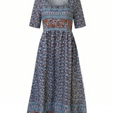 Boho Print Square Neck Tiered Midi Dress