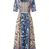 Boho Print Square Neck Tiered Midi Dress