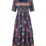 Boho Print Square Neck Tiered Midi Dress