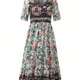 Boho Print Square Neck Tiered Midi Dress